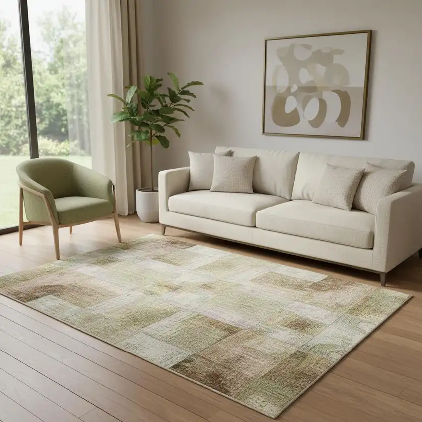 Ivory Brown And Gray Abstract Washable Area Rug With UV Protection Photo 2