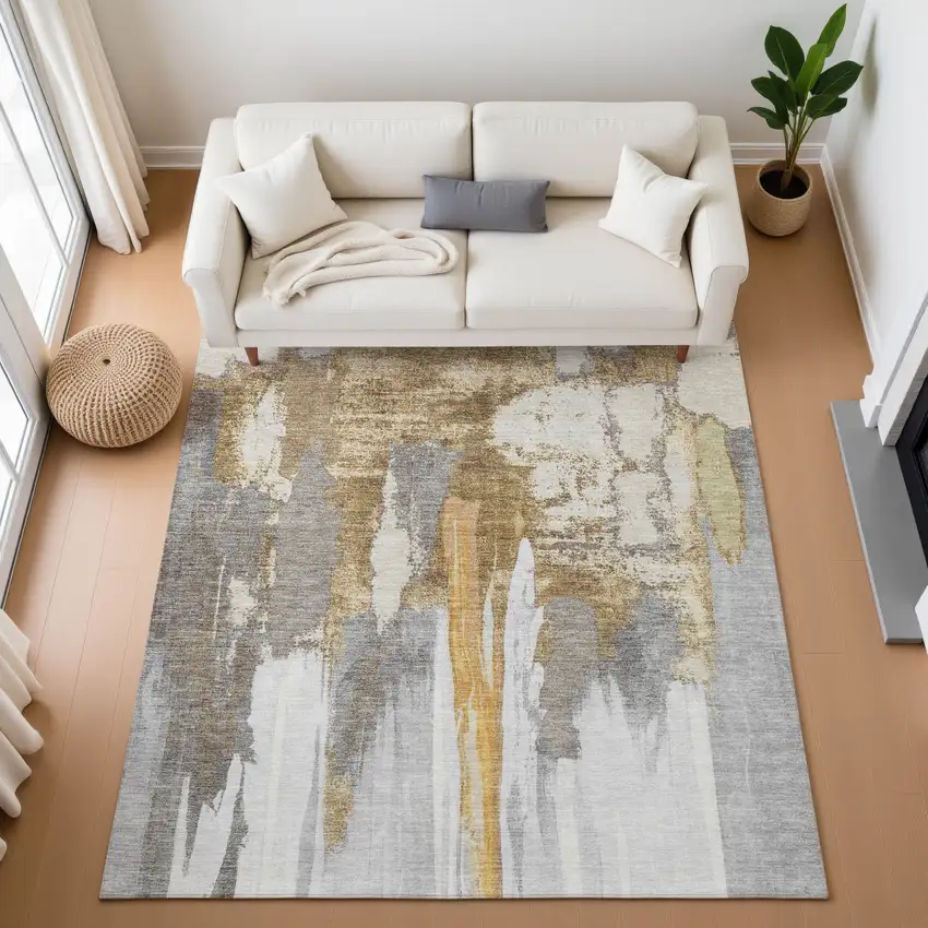 Ivory Brown And Gray Abstract Washable Area Rug With UV Protection Photo 5