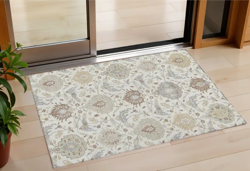 Ivory Brown And Gray Damask Washable Indoor Outdoor Area Rug Photo 1