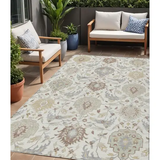 Ivory Brown And Gray Damask Washable Indoor Outdoor Area Rug Photo 1