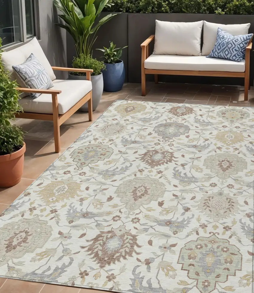 Ivory Brown And Gray Damask Washable Indoor Outdoor Area Rug Photo 1