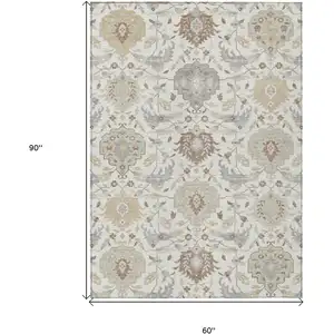Photo of Ivory Brown And Gray Damask Washable Indoor Outdoor Area Rug