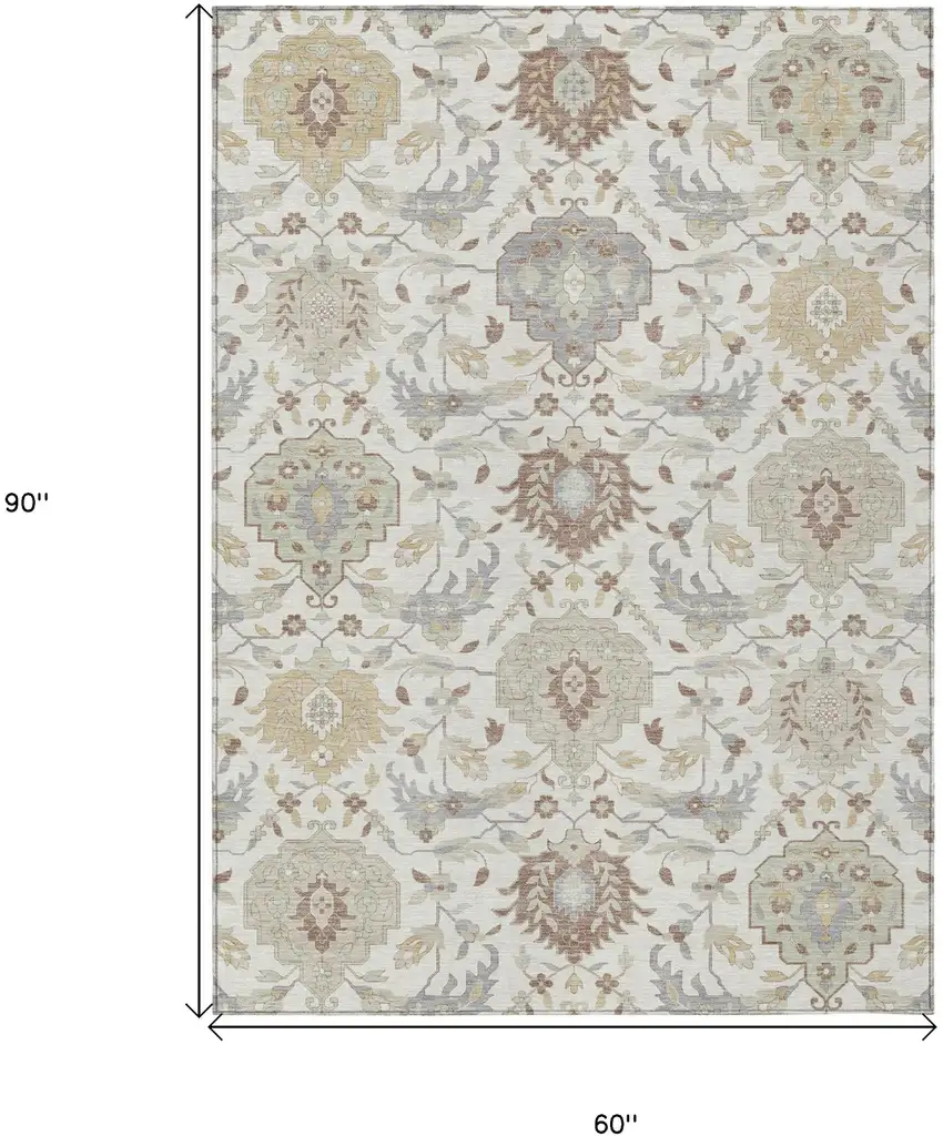 Ivory Brown And Gray Damask Washable Indoor Outdoor Area Rug Photo 3