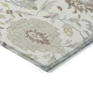 Photo of Ivory Brown And Gray Damask Washable Indoor Outdoor Area Rug
