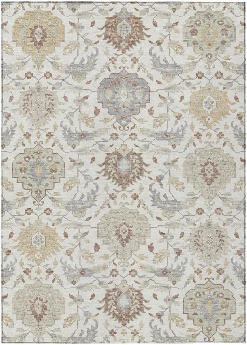 Ivory Brown And Gray Damask Washable Indoor Outdoor Area Rug Photo 2