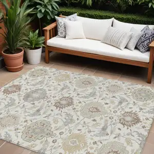Photo of Ivory Brown And Gray Damask Washable Indoor Outdoor Area Rug