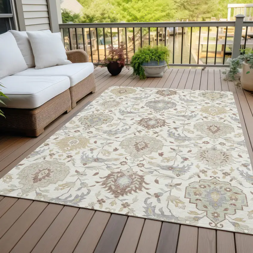 Ivory Brown And Gray Damask Washable Indoor Outdoor Area Rug Photo 9