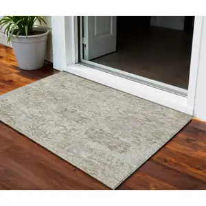 Photo of Ivory Brown And Gray Damask Washable Indoor Outdoor Area Rug