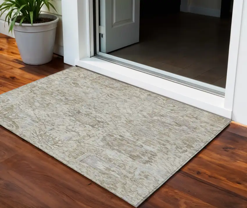Ivory Brown And Gray Damask Washable Indoor Outdoor Area Rug Photo 1