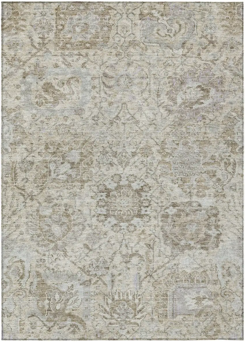Ivory Brown And Gray Damask Washable Indoor Outdoor Area Rug Photo 2