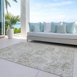 Photo of Ivory Brown And Gray Damask Washable Indoor Outdoor Area Rug