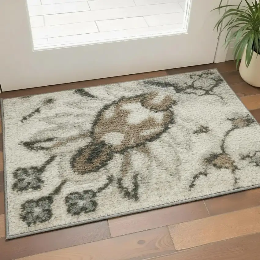 Ivory Brown And Gray Floral Distressed Area Rug Photo 1