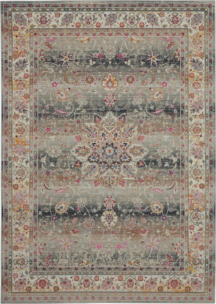 Ivory Brown And Gray Floral Distressed Area Rug Photo 1