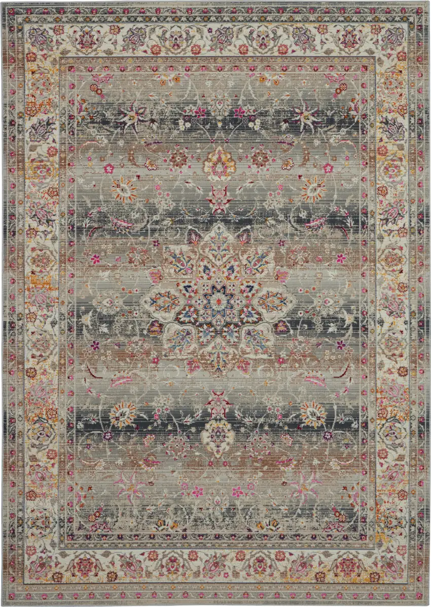 Ivory Brown And Gray Floral Distressed Area Rug Photo 2