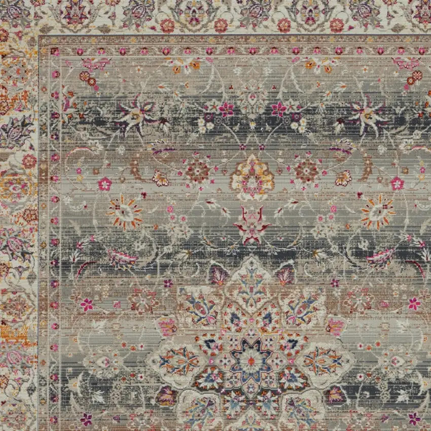 Ivory Brown And Gray Floral Distressed Area Rug Photo 8