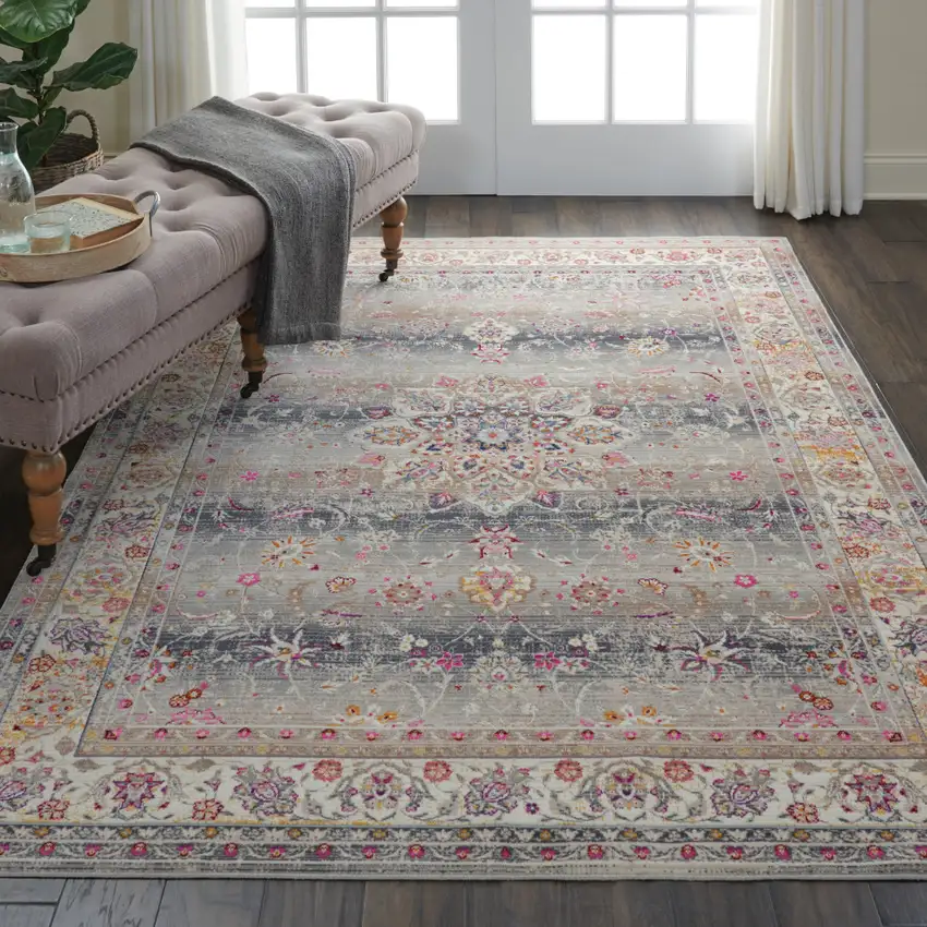 Ivory Brown And Gray Floral Distressed Area Rug Photo 3