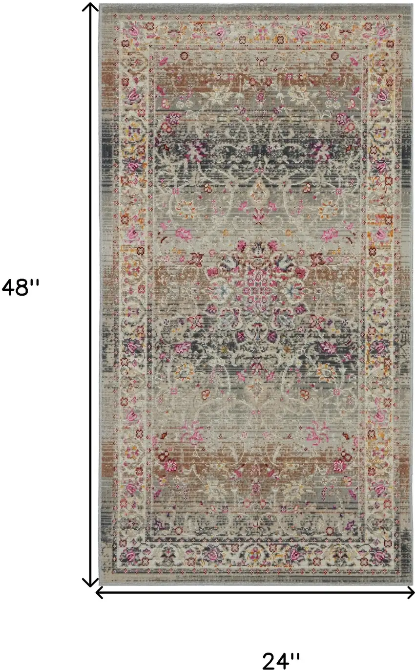 Ivory Brown And Gray Floral Distressed Area Rug Photo 3
