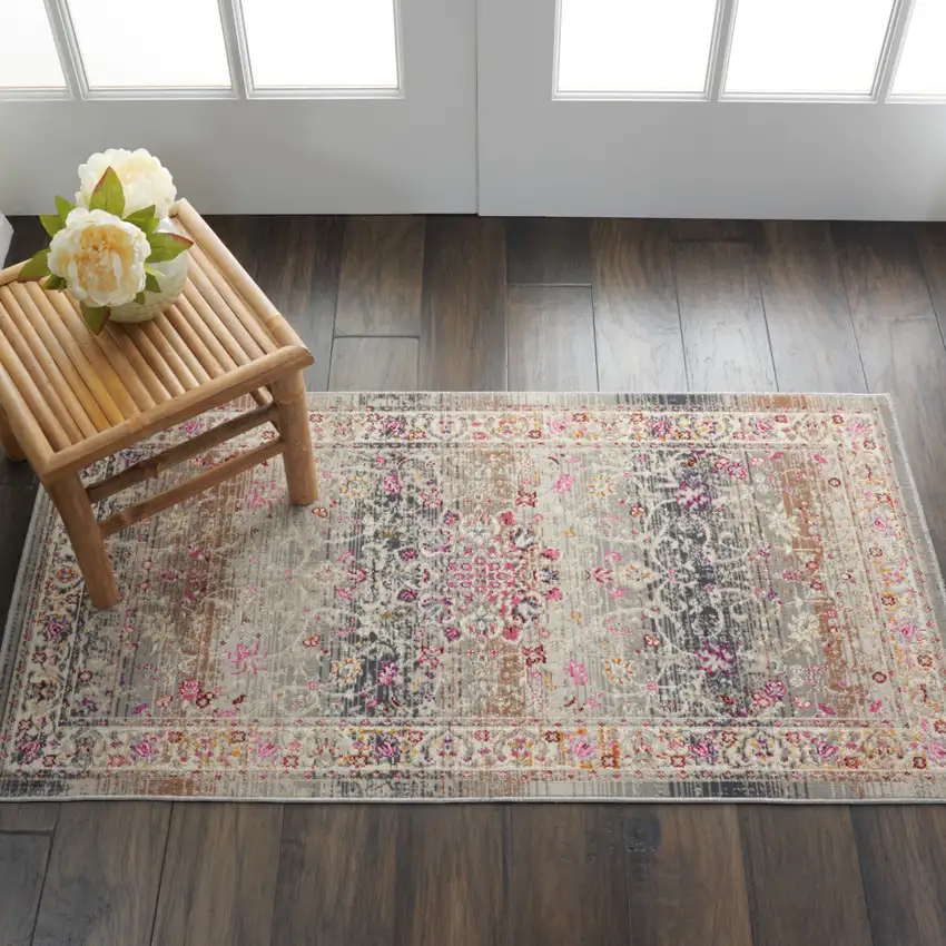 Ivory Brown And Gray Floral Distressed Area Rug Photo 3