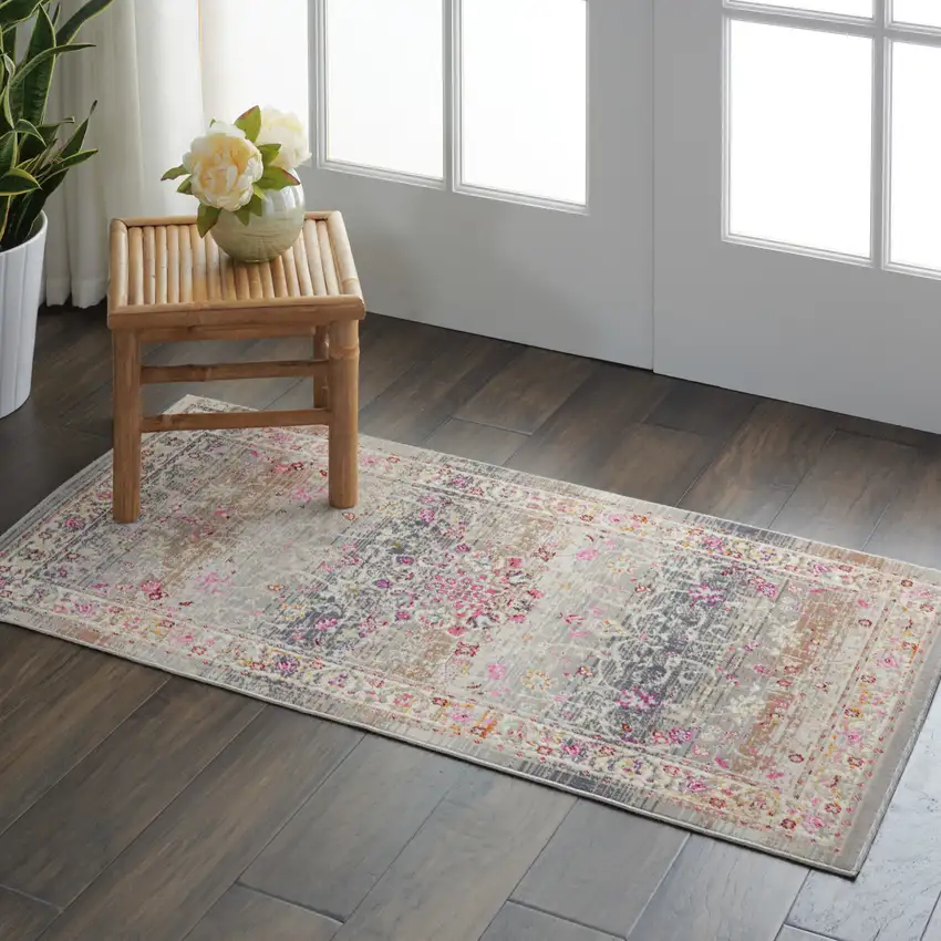 Ivory Brown And Gray Floral Distressed Area Rug Photo 4