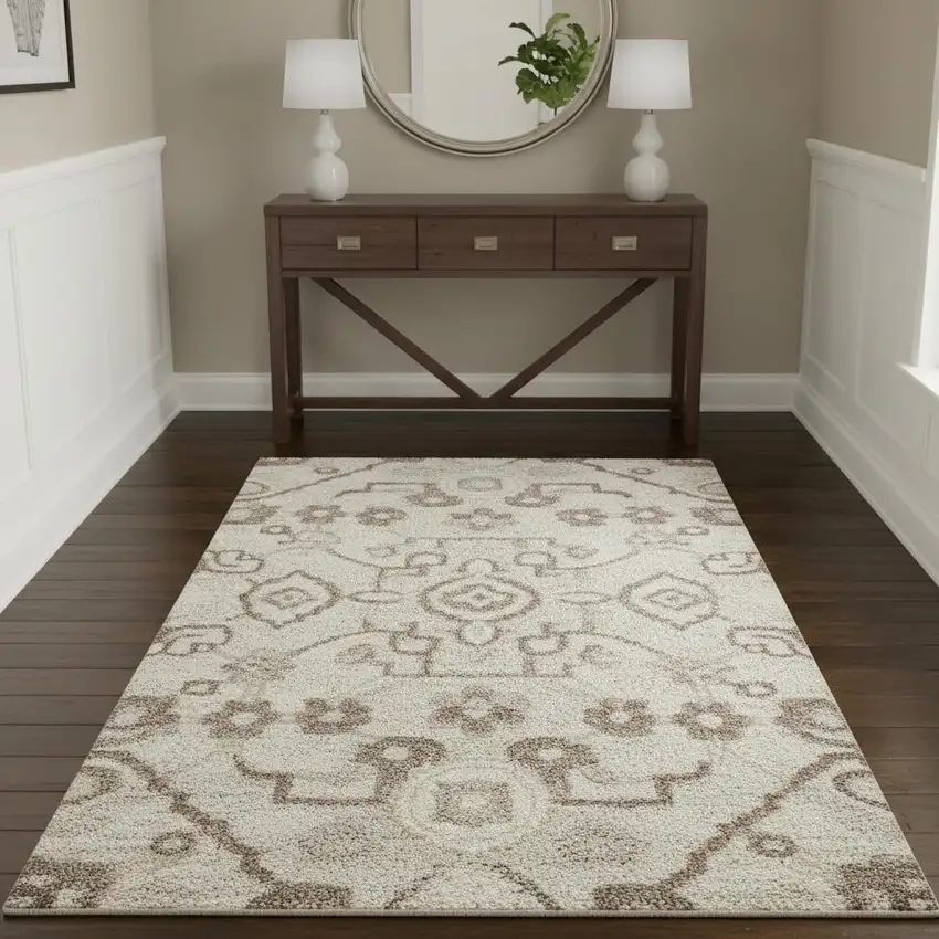 Ivory Brown And Gray Floral Distressed Non Skid Area Rug Photo 1