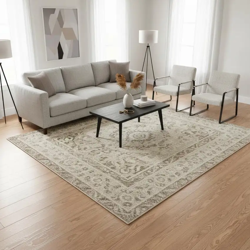Ivory Brown And Gray Floral Distressed Non Skid Area Rug Photo 1