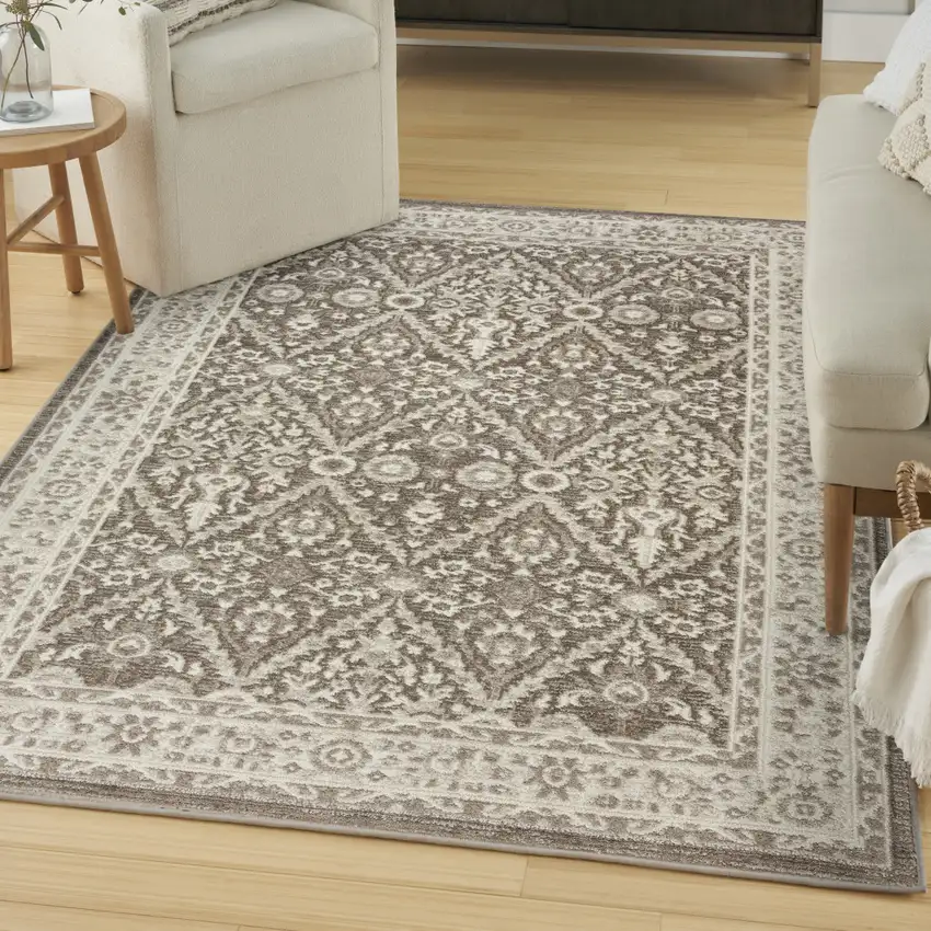 Ivory Brown And Gray Floral Distressed Non Skid Area Rug Photo 4