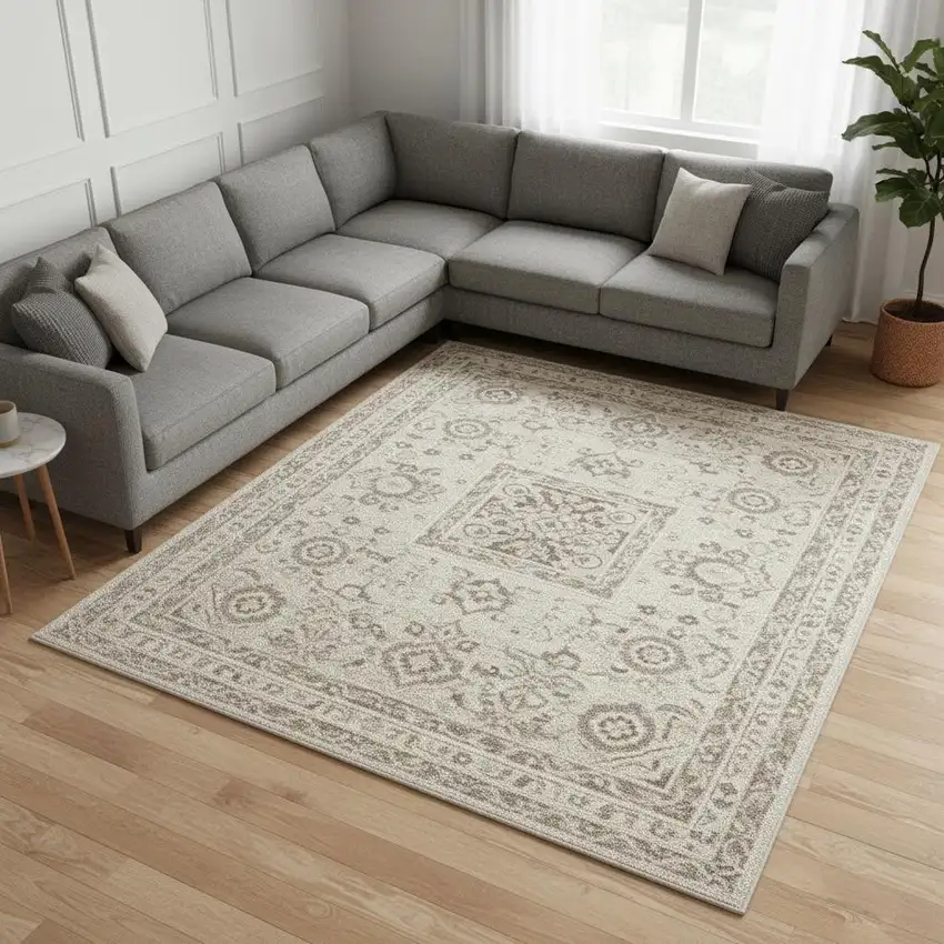 Ivory Brown And Gray Floral Distressed Non Skid Area Rug Photo 1