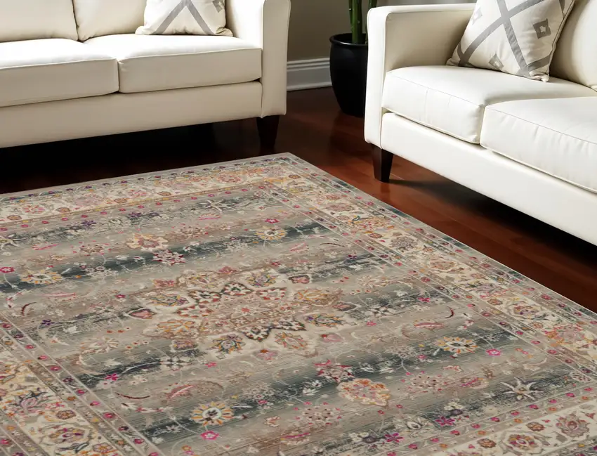 Ivory Brown And Gray Floral Distressed Non Skid Area Rug Photo 1
