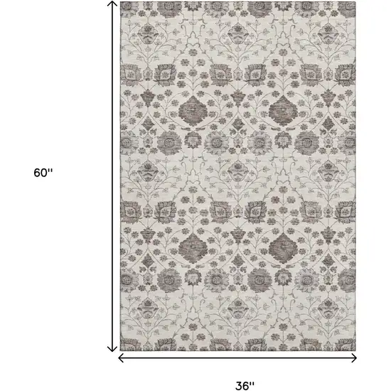 Ivory Brown And Gray Floral Washable Area Rug With UV Protection Photo 3