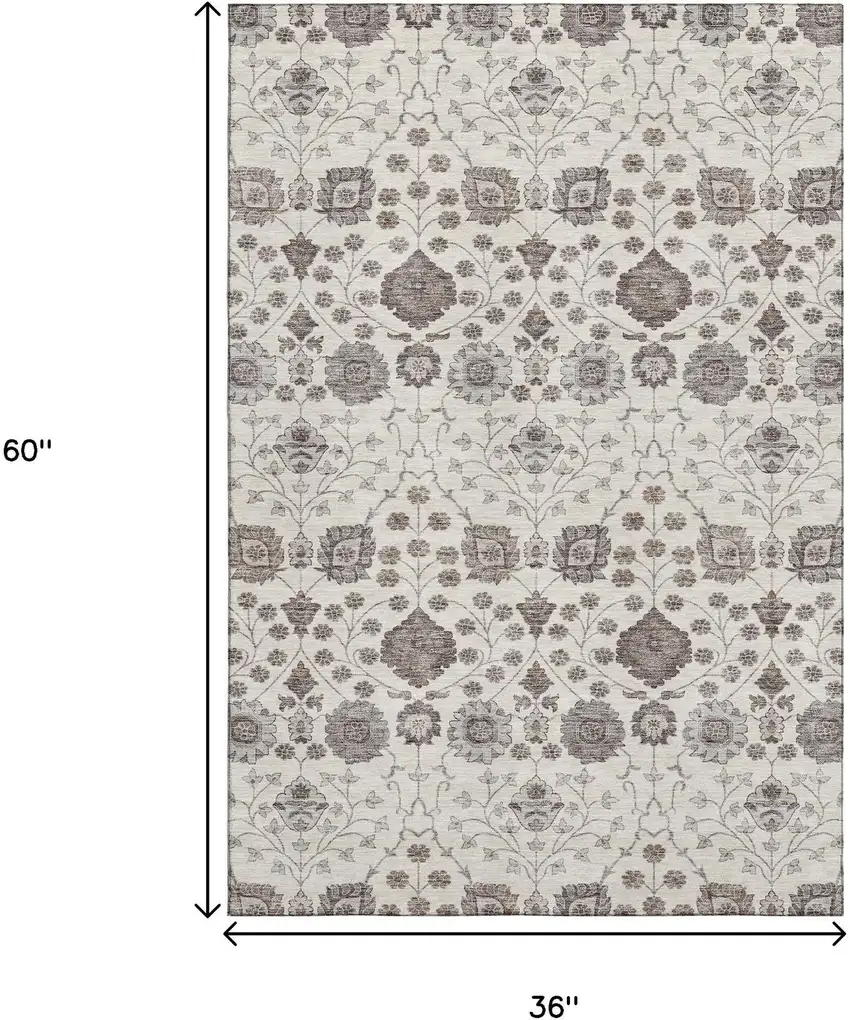 Ivory Brown And Gray Floral Washable Area Rug With UV Protection Photo 3
