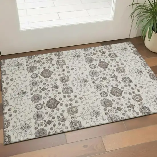 Ivory Brown And Gray Floral Washable Area Rug With UV Protection Photo 2