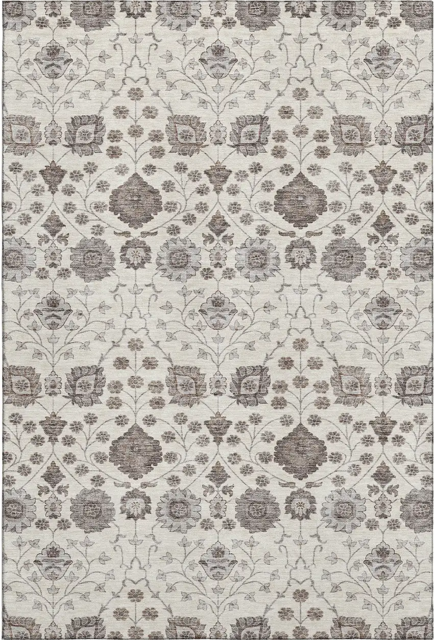 Ivory Brown And Gray Floral Washable Area Rug With UV Protection Photo 1