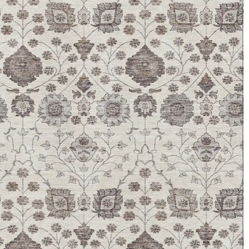 Ivory Brown And Gray Floral Washable Area Rug With UV Protection Photo 2