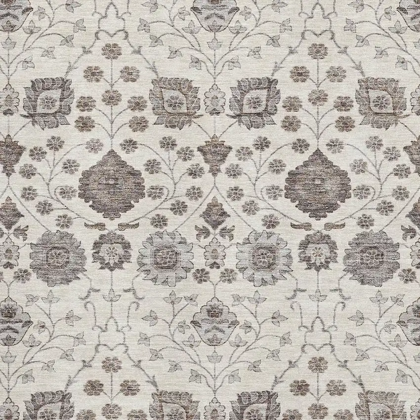 Ivory Brown And Gray Floral Washable Area Rug With UV Protection Photo 2