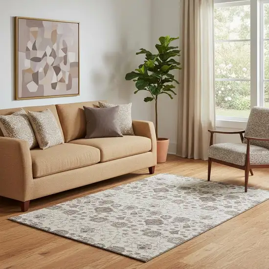 Ivory Brown And Gray Floral Washable Area Rug With UV Protection Photo 2