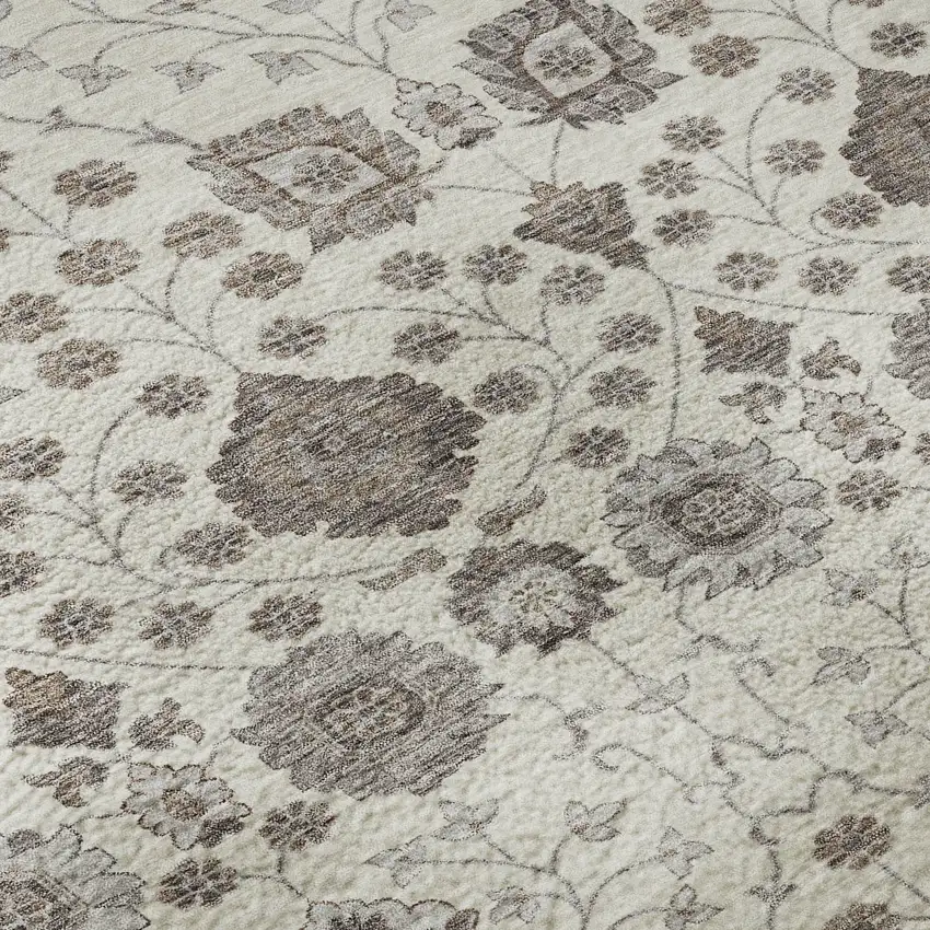 Ivory Brown And Gray Floral Washable Area Rug With UV Protection Photo 9