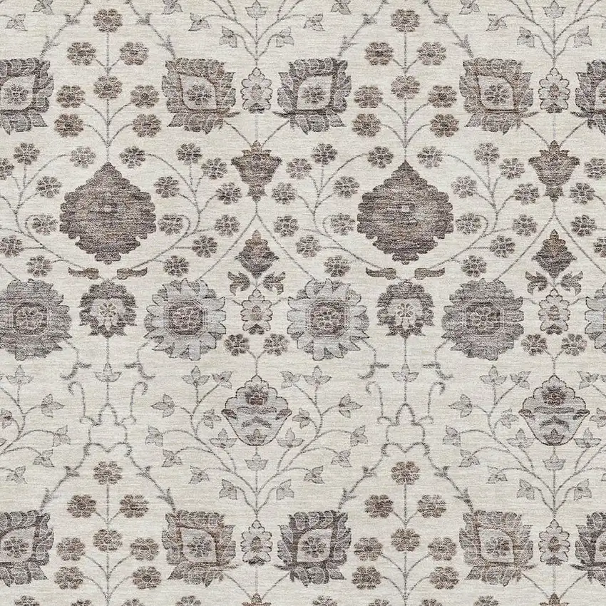 Ivory Brown And Gray Floral Washable Area Rug With UV Protection Photo 2