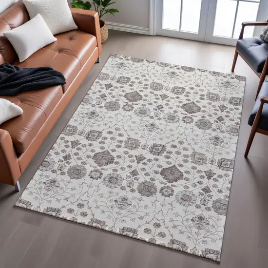 Ivory Brown And Gray Floral Washable Area Rug With UV Protection Photo 5