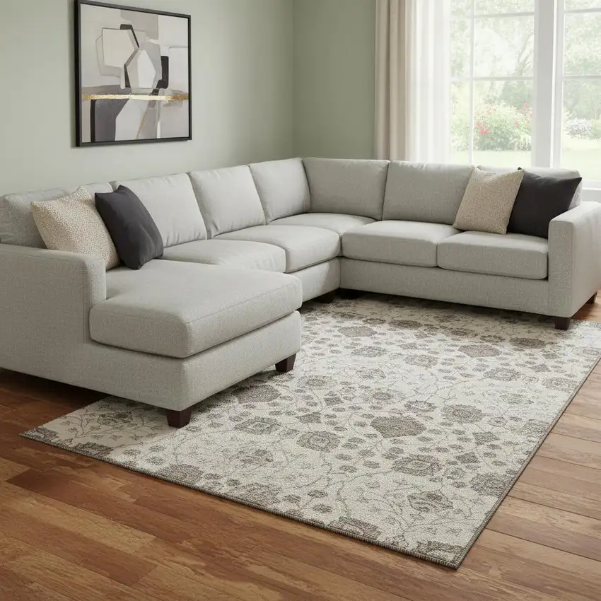 Ivory Brown And Gray Floral Washable Area Rug With UV Protection Photo 2