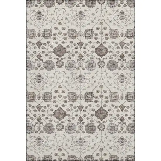 Ivory Brown And Gray Floral Washable Area Rug With UV Protection Photo 1