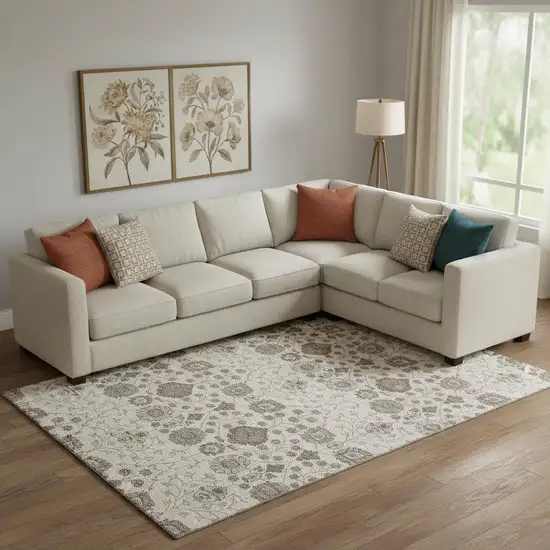 Ivory Brown And Gray Floral Washable Area Rug With UV Protection Photo 2