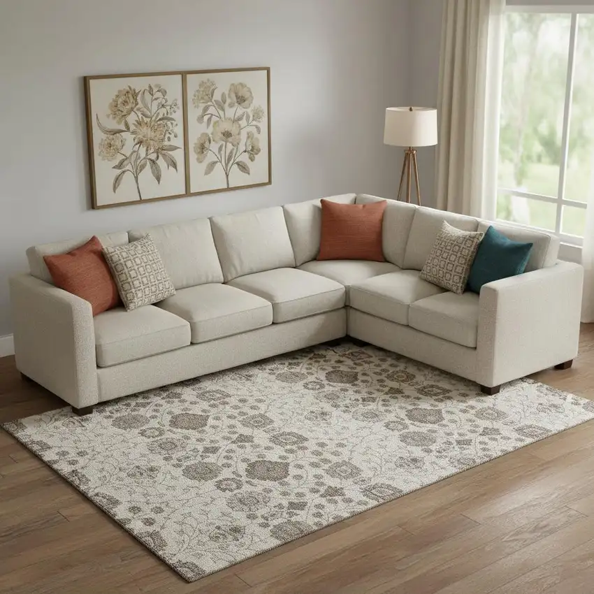 Ivory Brown And Gray Floral Washable Area Rug With UV Protection Photo 2