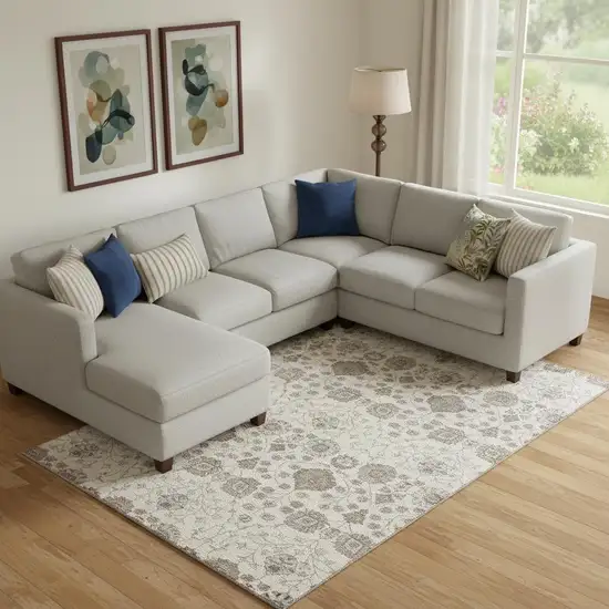 Ivory Brown And Gray Floral Washable Area Rug With UV Protection Photo 2