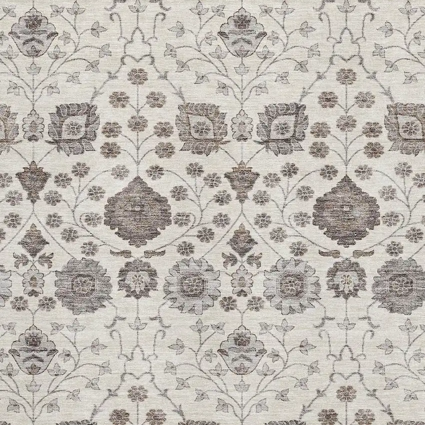 Ivory Brown And Gray Floral Washable Area Rug With UV Protection Photo 2