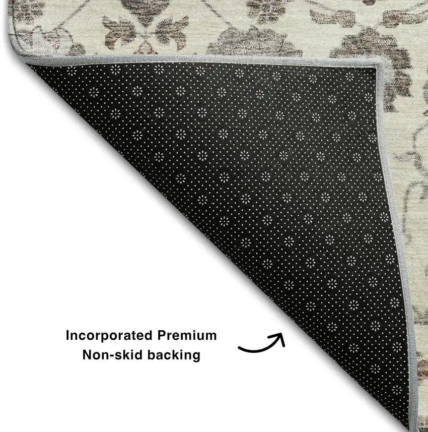 Ivory Brown And Gray Floral Washable Area Rug With UV Protection Photo 7