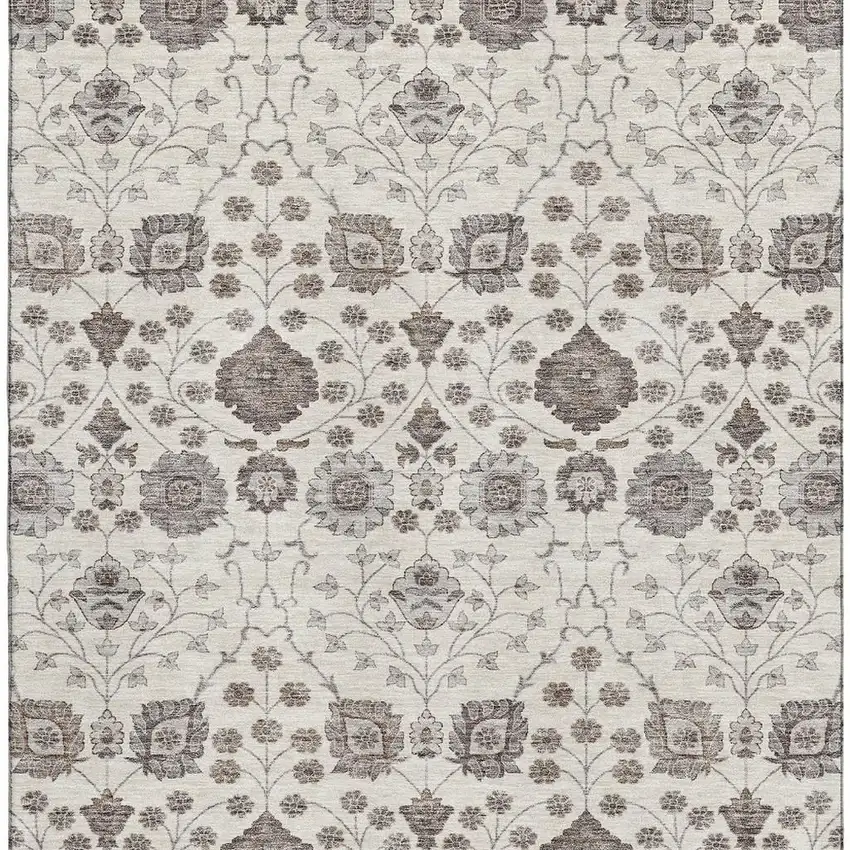 Ivory Brown And Gray Floral Washable Area Rug With UV Protection Photo 3