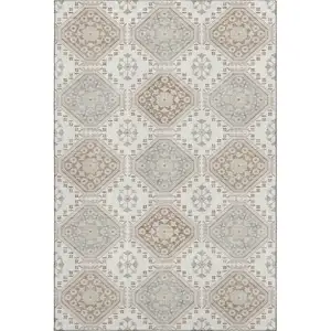 Photo of Ivory Brown And Gray Floral Washable Area Rug With UV Protection