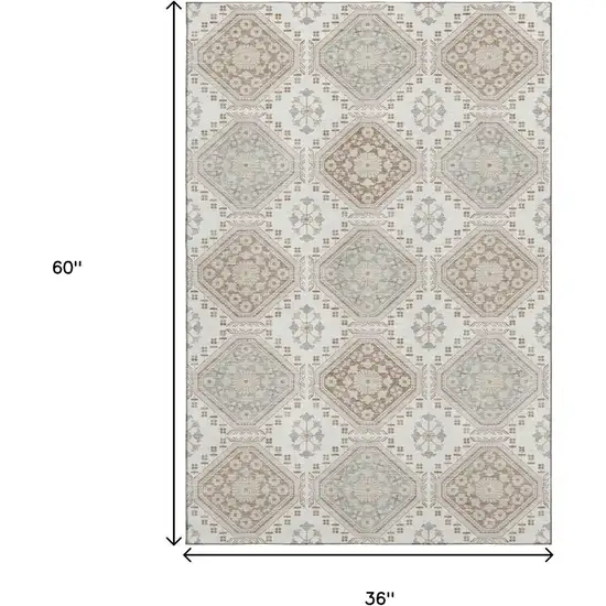 Ivory Brown And Gray Floral Washable Area Rug With UV Protection Photo 3