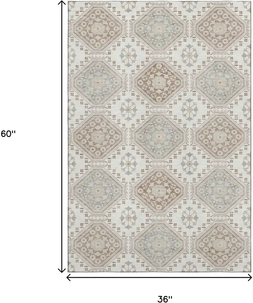 Ivory Brown And Gray Floral Washable Area Rug With UV Protection Photo 3