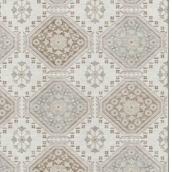 Ivory Brown And Gray Floral Washable Area Rug With UV Protection Photo 2